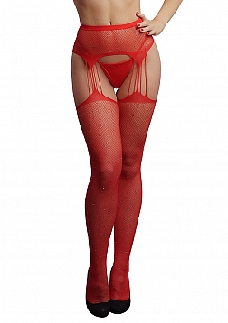 Suspender Rhinestone Pantyhose - Red - O/S