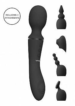 VIVE-NAMI Rechargeable Pulse-Wave Double-Ended Silicone Wand W/Interchangeable Sleeves - Black..