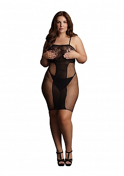 Knee-Length Lace and Fishnet Dress  - Black  - OSX..