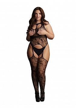 Lace suspender bodystocking with round neck - Black - OSX..