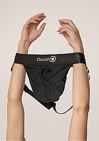 Ouch! Vibrating Strap-on Panty Harness with Open Back - Black - M/L