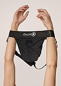 Ouch! Vibrating Strap-on Panty Harness with Open Back - Black - XS/S