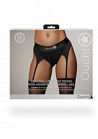 Ouch! Vibrating Strap-on Thong with Adjustable Garters - Black - M/L