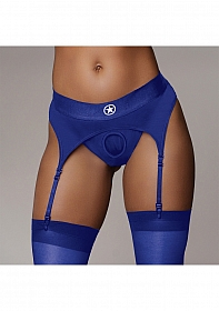 Vibrating Strap-on Thong with Adjustable Garters - Royal Blue- M/L