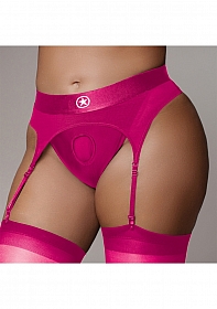 Ouch! Vibrating Strap-on Thong with Adjustable Garters - Pink - XL/XXL