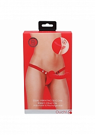Ouch! - Dual Vibrating - Rechargeable - 10 Speed Silicone Ribbed Strap-On - Adjustable - Red