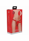Ouch! - Dual Vibrating - Rechargeable - 10 Speed Silicone Ribbed Strap-On - Adjustable - Red