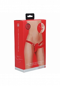 Ouch! - Dual Vibrating - Rechargeable - 10 Speed Silicone Strap-On - Adjustable - Red