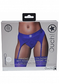 Ouch! Vibrating Strap-on Thong with Adjustable Garters - Royal Blue - M/L