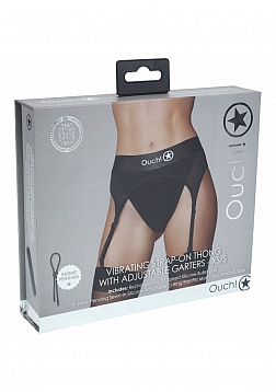 Ouch! Vibrating Strap-on Thong with Adjustable Garters - Black - XS/S