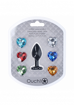 Ouch! - Small Heart Diamond Butt Plug - 6 Jewels - Black