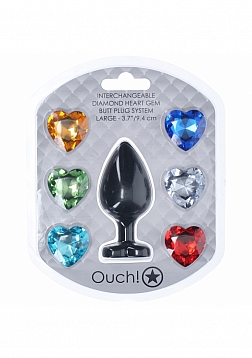 Ouch! - Large Heart Diamond Butt Plug - 6 Jewels - Black