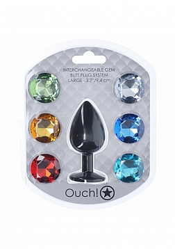 Ouch! - Large Round Diamond Butt Plug - 6 Jewels - Black