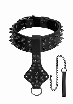 Neck Chain with Spikes and Leash - Black..