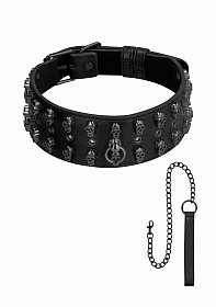 Ouch! Skulls and Bones - Neck Chain with Skulls and Leash - Blac